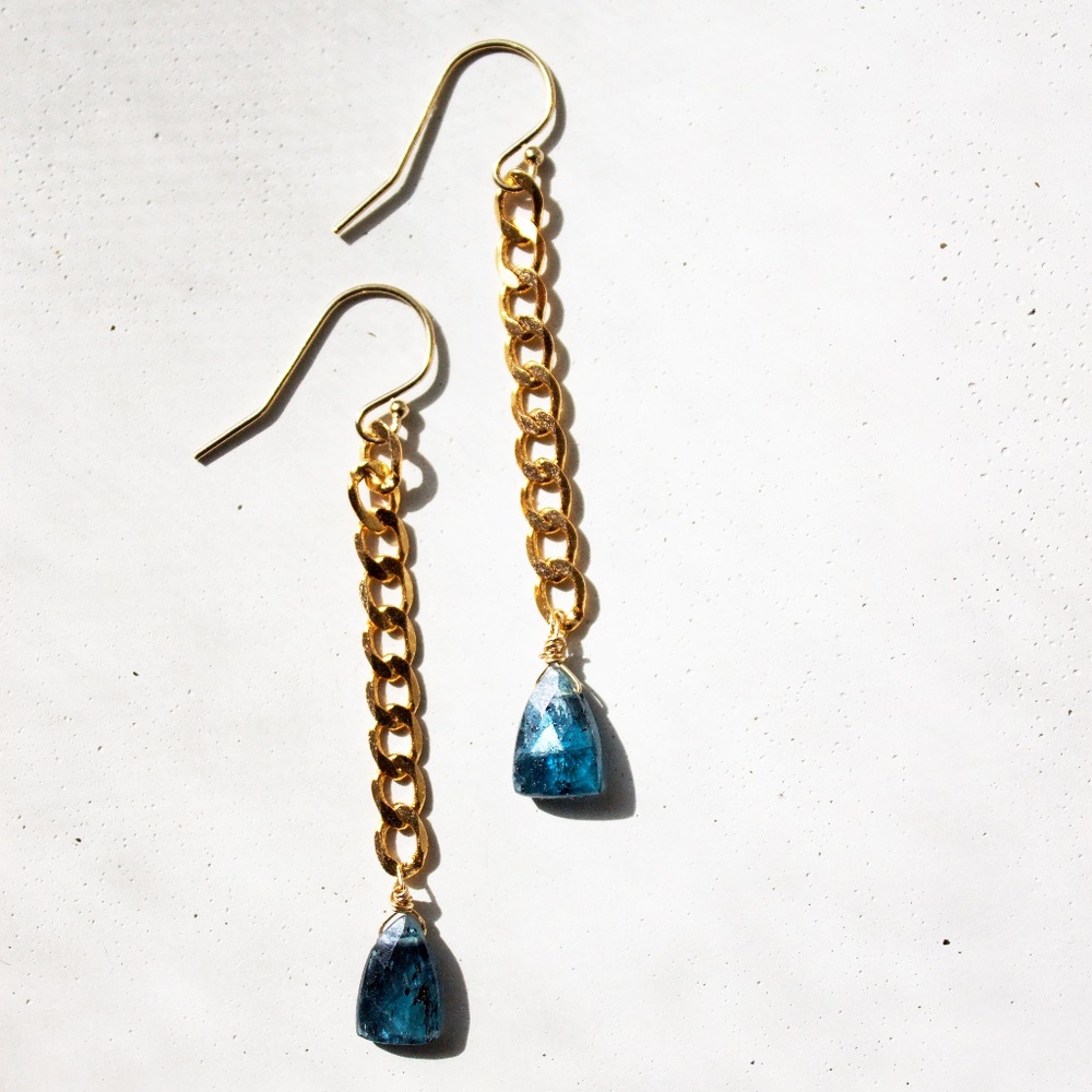 Gold Fill Curvy Chain Moss Kyanite Drop Earrings